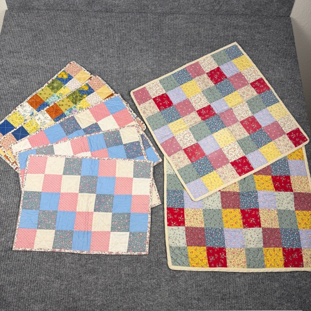 Vtg 90s Handmade Quilted Placemats Set 6 Patchwork Floral Cottage Country